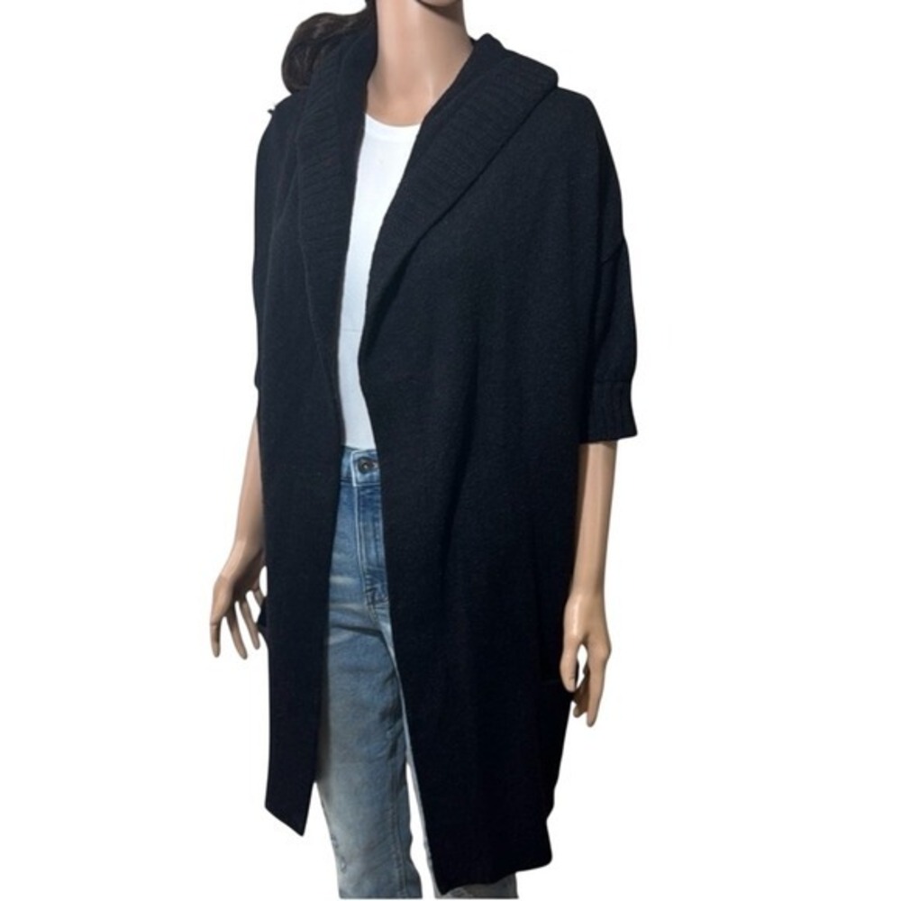 Black Wool Cashmere Blend Hooded Open Front Cardigan Sleeve Longline Sweater